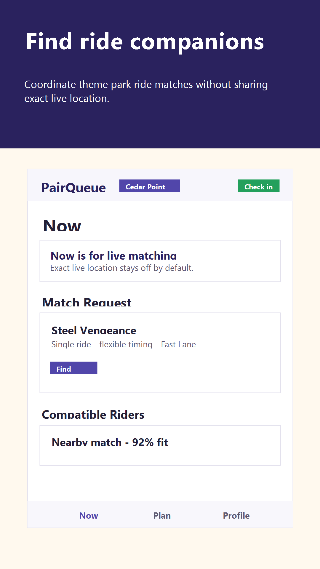 PairQueue app screen showing the ride matching workflow