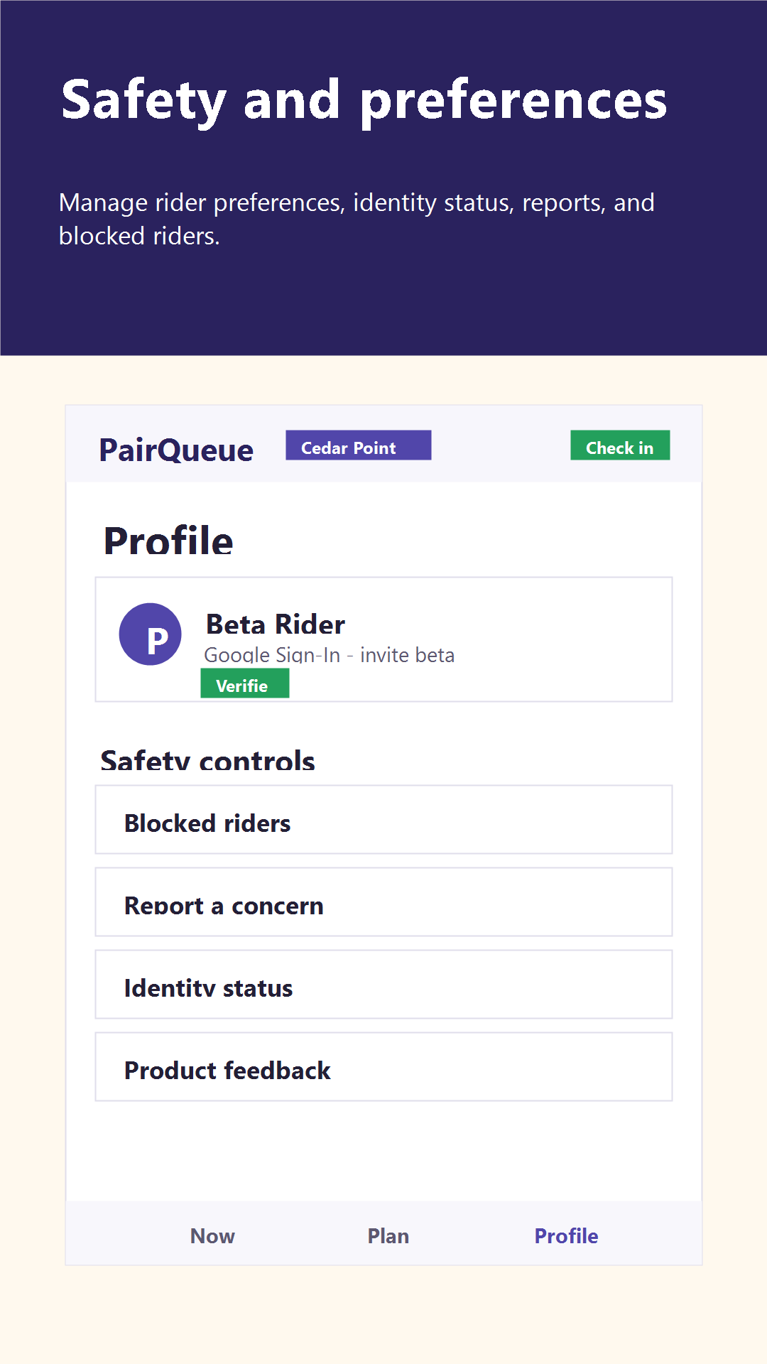 PairQueue app screen showing safety and rider preference controls